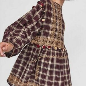 Zara - plaid embroidered boho mini dress with pompoms and embroidery.